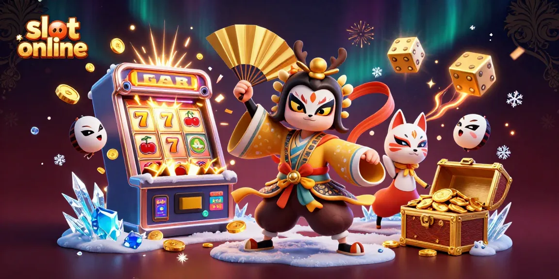 Engage with slot online at the vibrant 3D casino illustration featuring a kabuki warrior and exciting game elements.