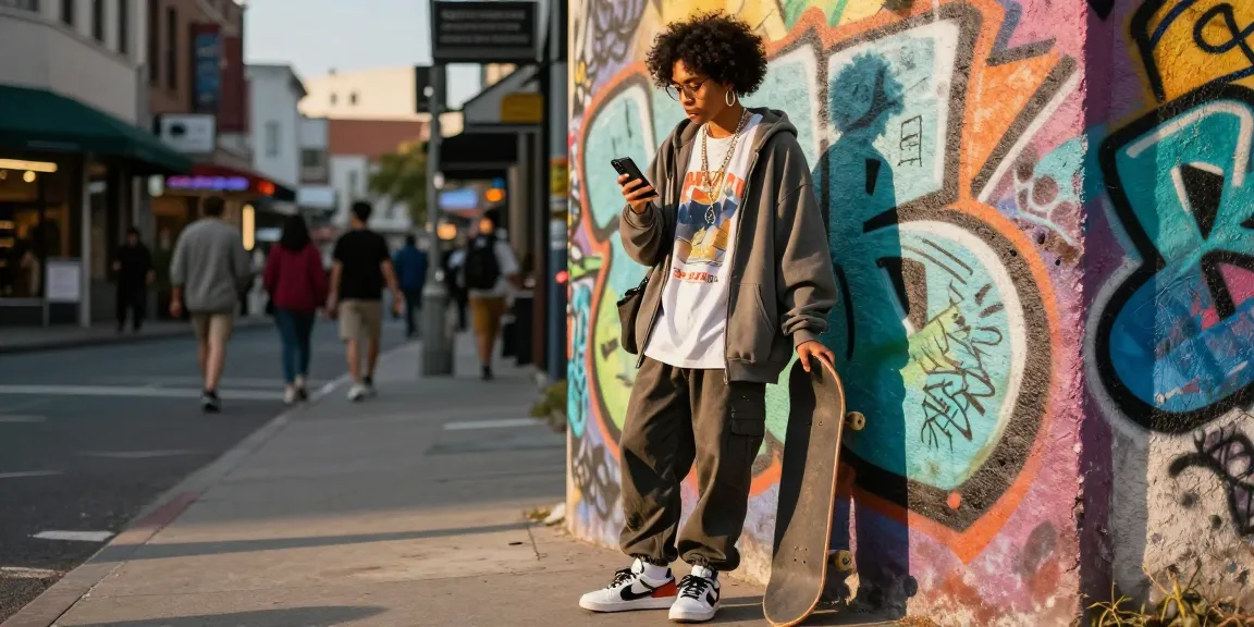 Stylish individual checking social media in urban setting, showcasing fashion from https://shs-dome5.com/.