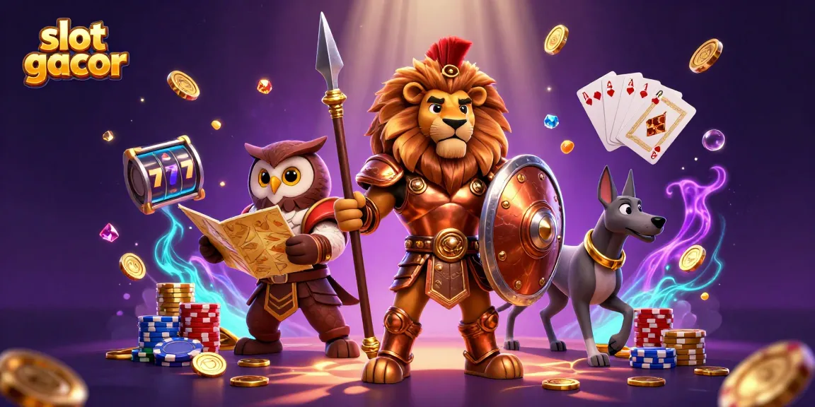 Play and win big with slot gacor, surrounded by a vibrant casino scene with golden coins and cards.