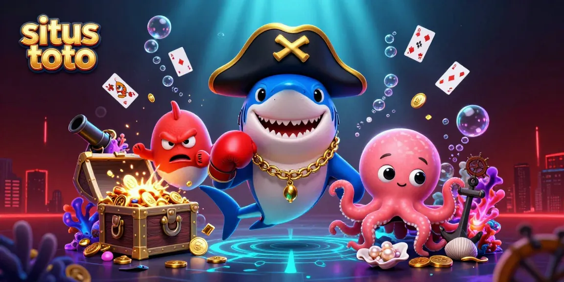 Engage in situs toto adventures with a pirate shark and treasure in this vibrant 3D illustration.