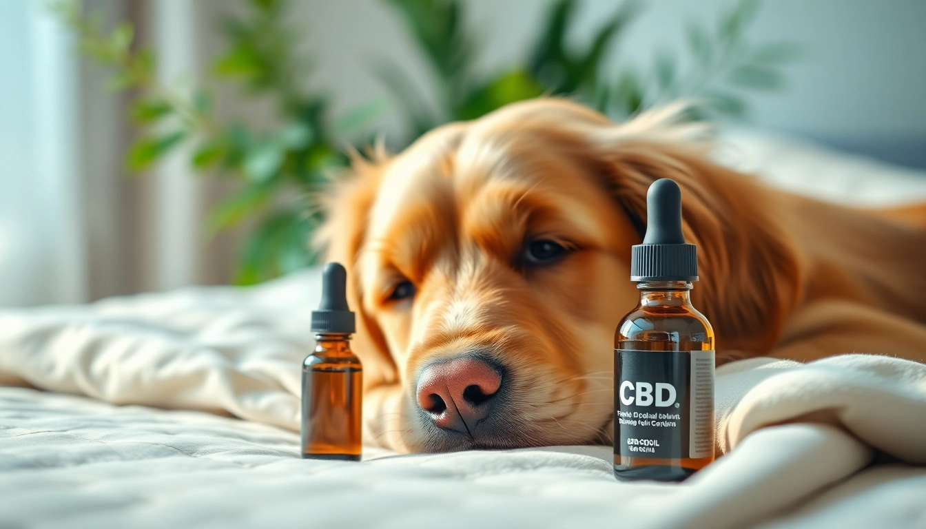 Relaxing dog next to CBD oil for dog, illustrating health and wellness.