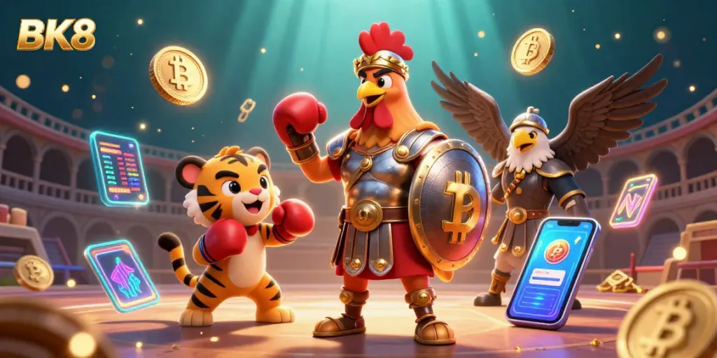 Engage in thrilling games at BK8, where fantasy meets real casino action with vibrant characters and crypto elements.