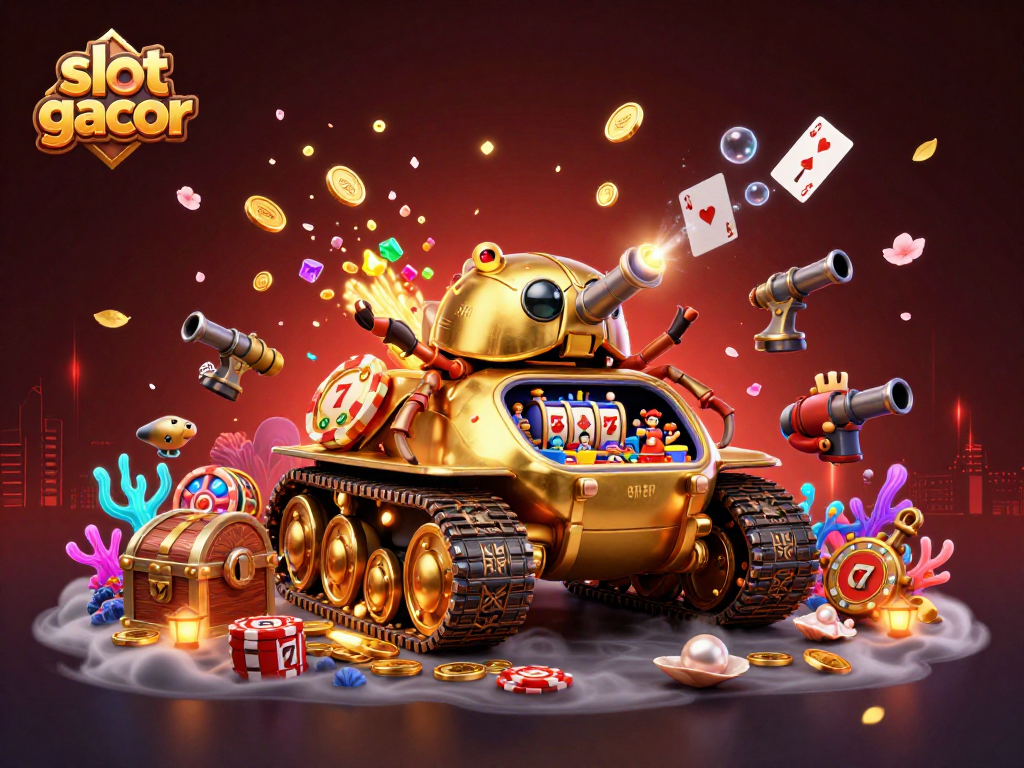 Engage with the slot gacor exploration of an extraordinary 3D casino scene featuring a golden beetle tank.