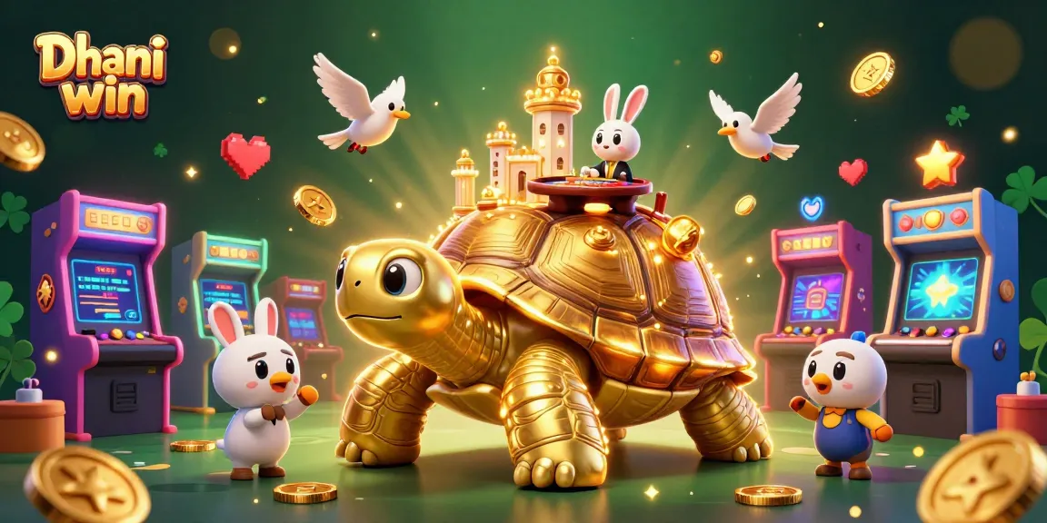 Dhani win features a cartoon golden tortoise casino scene with games and glowing elements.