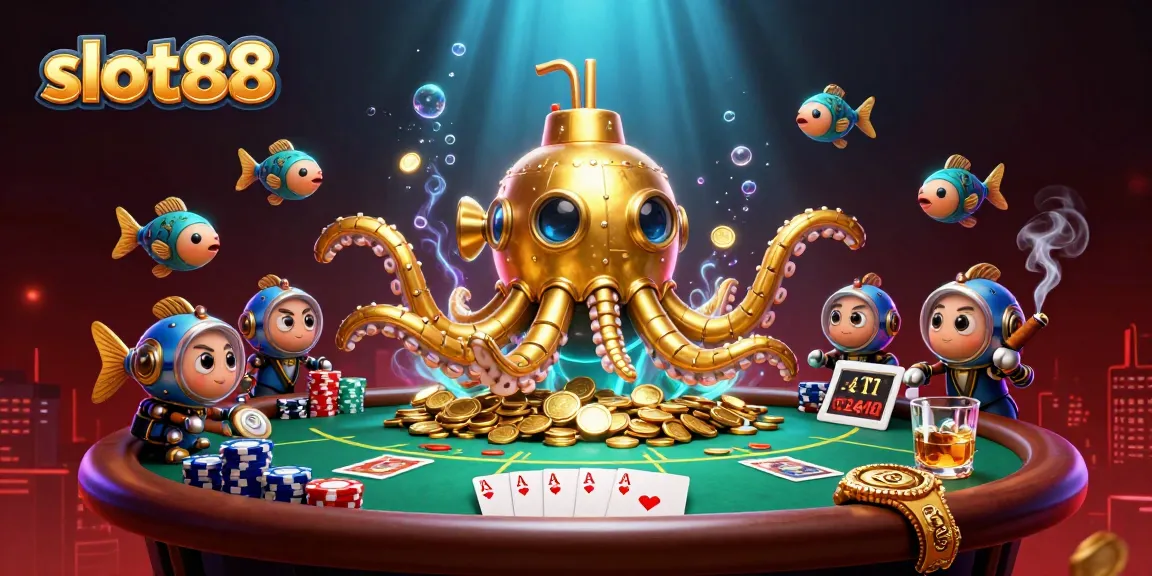 Experience the excitement of slot88 with a vibrant 3D casino scene featuring golden coins and poker action.