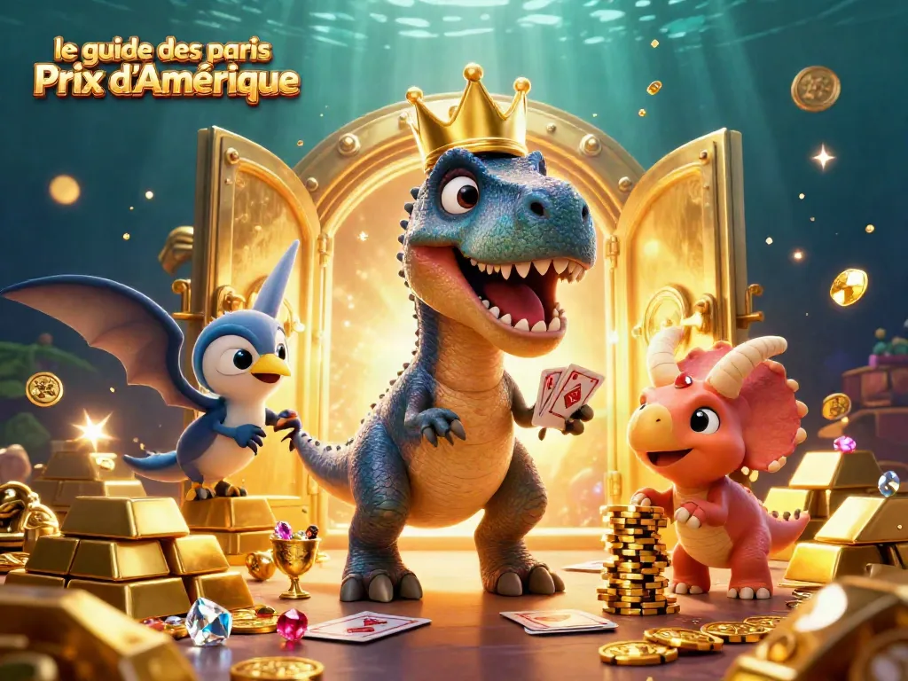 Engage bettors with le guide des paris Prix d'Amérique amidst vibrant gaming elements and 3D characters.