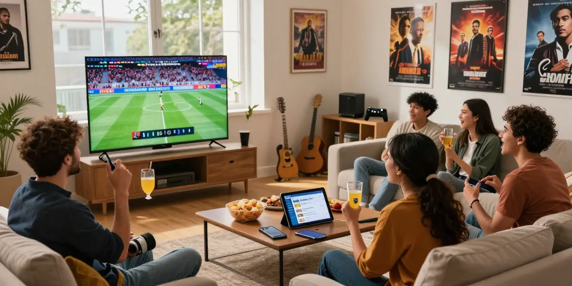 Pikashow streaming app in action as friends enjoy live sports in a cozy living room
