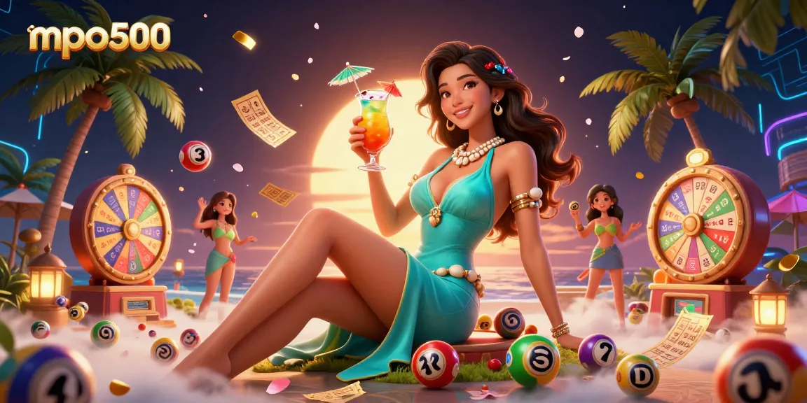 Experience the excitement of mpo500 with vibrant lottery elements and a stunning tropical casino scene.