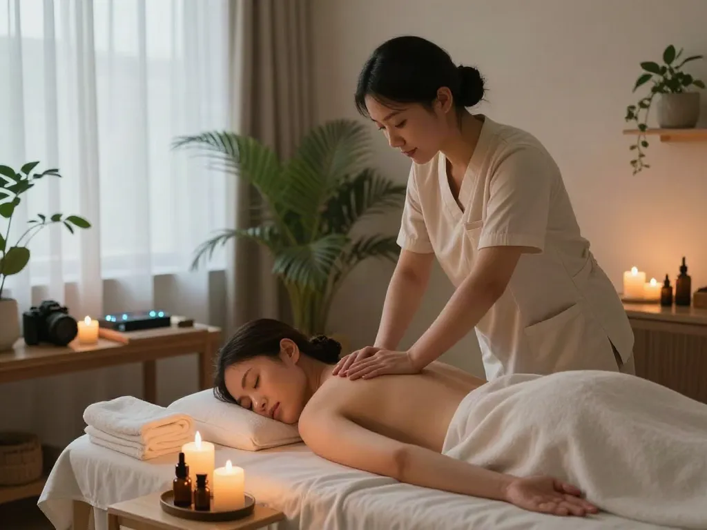 Enjoying 성동구출장마사지 in a tranquil home spa setting with candles and essential oils.