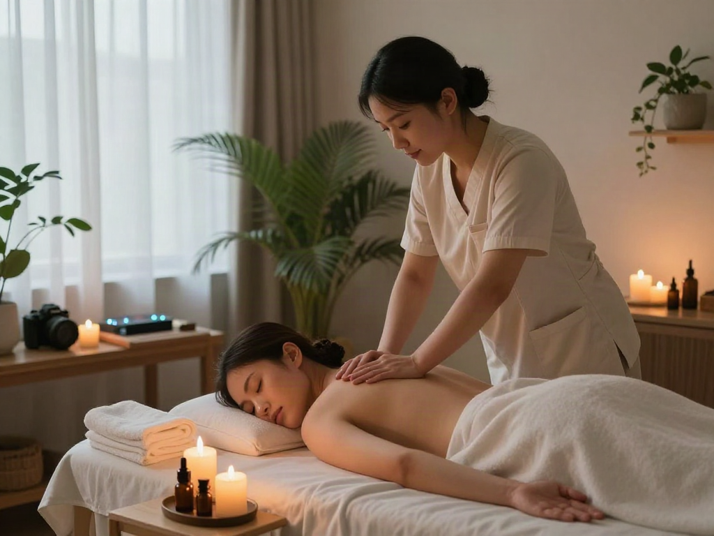 Enjoying 성동구출장마사지 in a tranquil home spa setting with candles and essential oils.