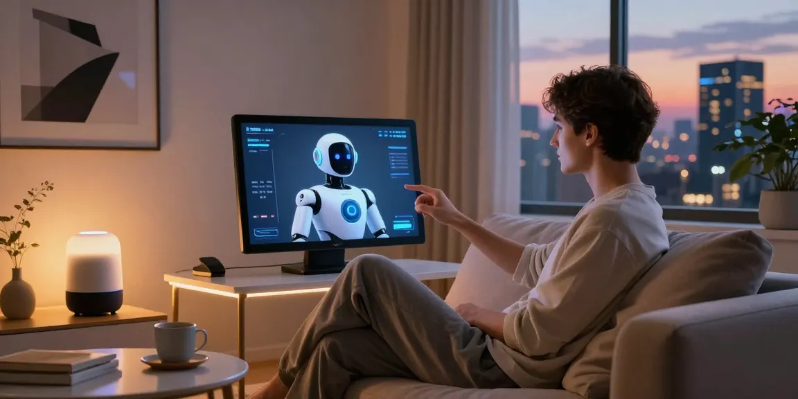 Interaction with a sex bot in a modern home setting featuring high-tech décor and a relaxed user.