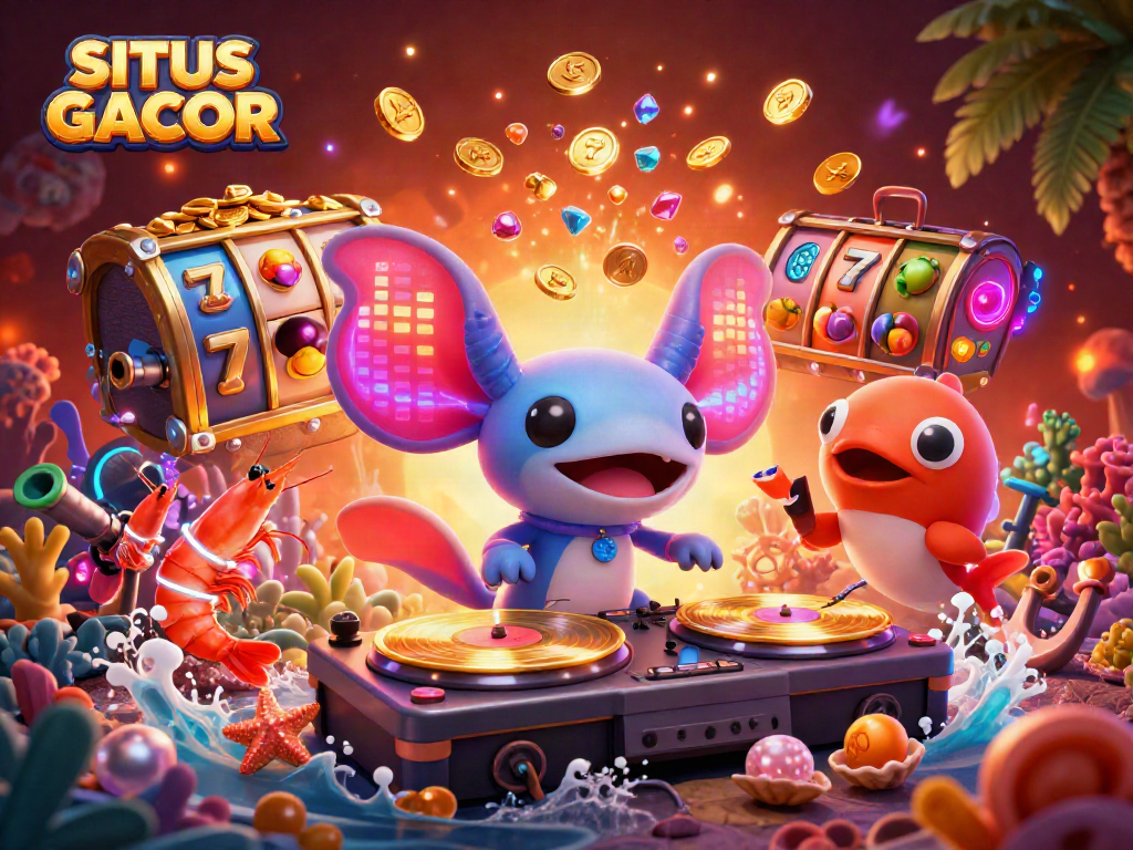 SITUS GACOR features a neon axolotl DJ rocking underwater with casino elements like slots, gold coins, and lively sea creatures.