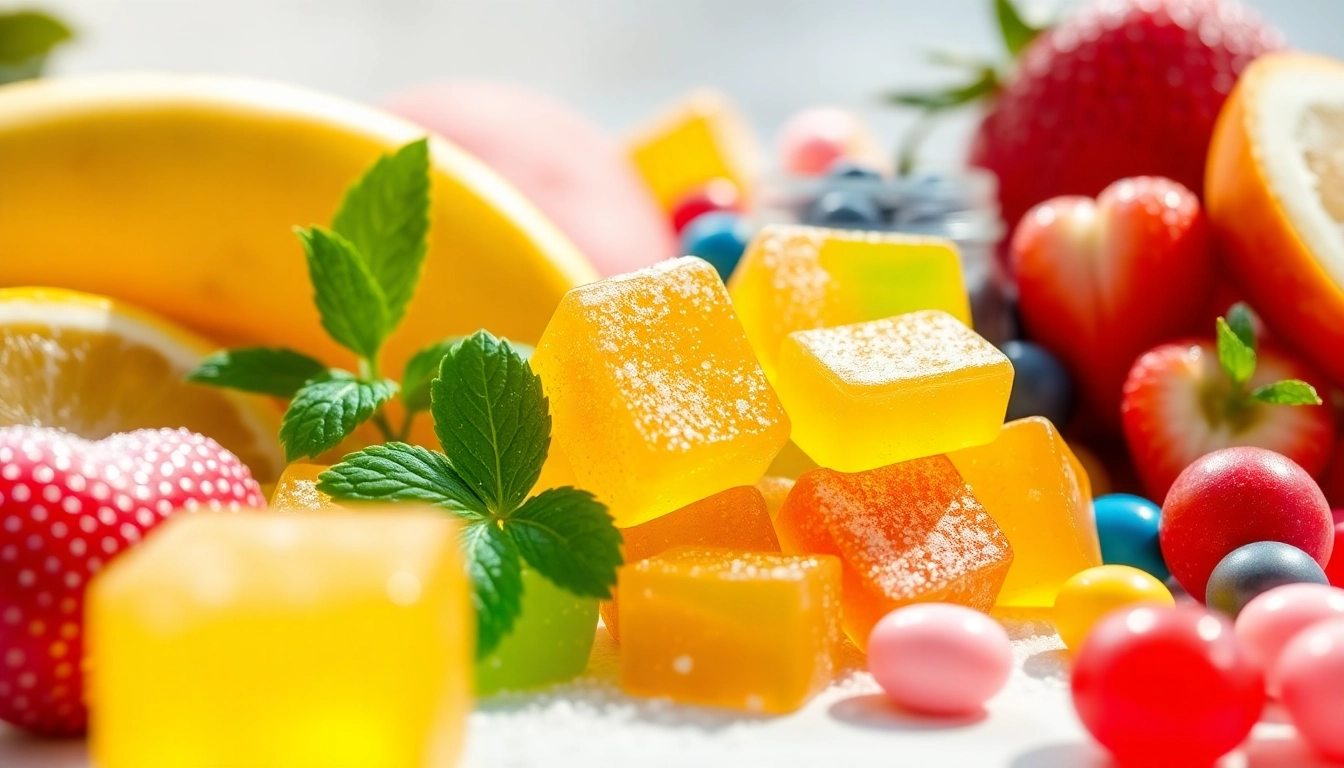 Indulge in delicious Weed Gummies featuring vibrant colors and fresh fruit accents.