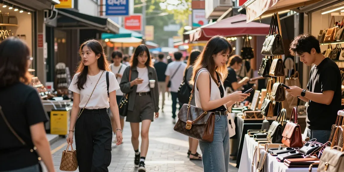Shoppers exploring stylish 레플리카 쇼핑몰 items in a vibrant urban market.