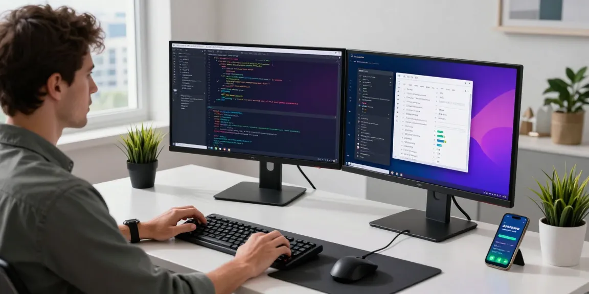 Efficient workspace for snipaste下载 showcasing a software developer coding with vibrant dual monitors.