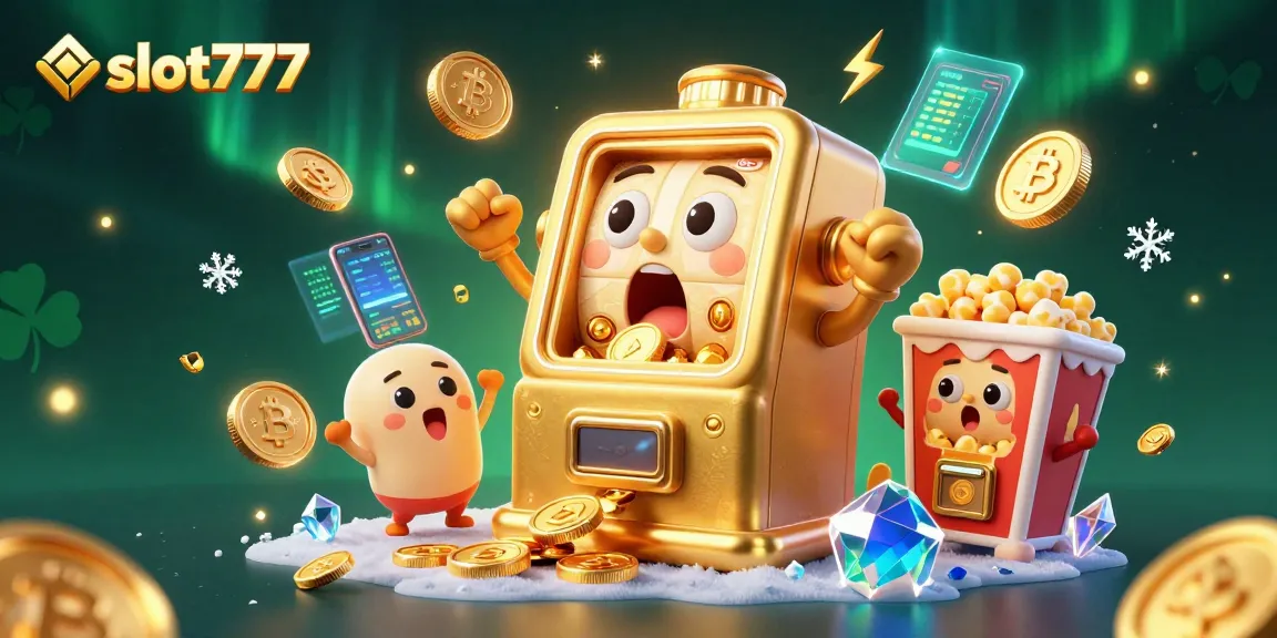 Experience excitement with slot777 as a golden slot machine hits its jackpot surrounded by cheering characters.
