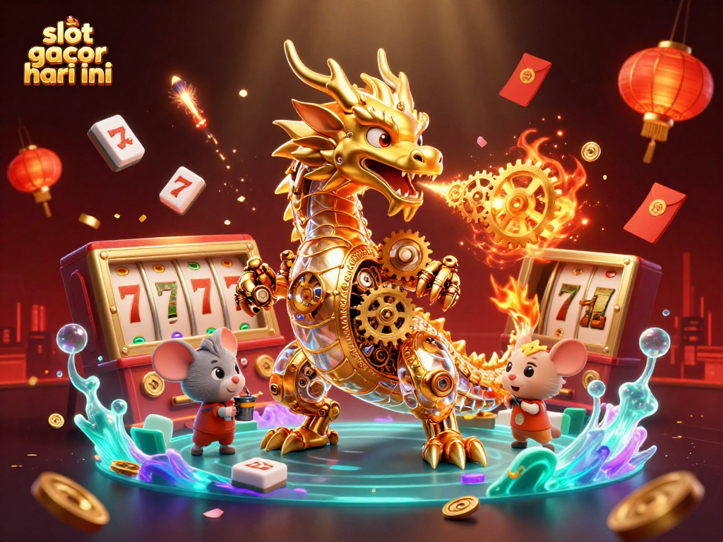 Engage with exciting slot gacor hari ini through a vibrant 3D casino scene showcasing golden dragons and dynamic game elements.