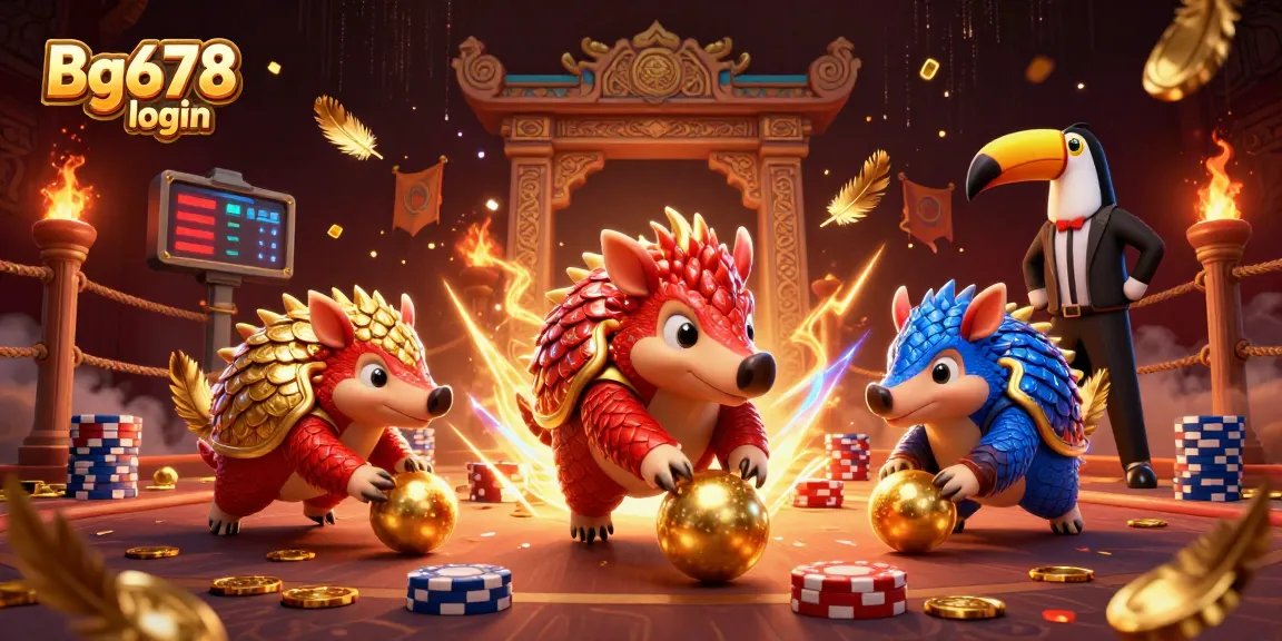 Engage with dynamic Bg678 login scene featuring cartoon pangolins and vibrant casino elements.