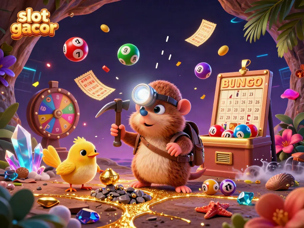 Engaging slot gacor scene featuring treasure hunter mole and lottery elements in a vibrant casino cave.