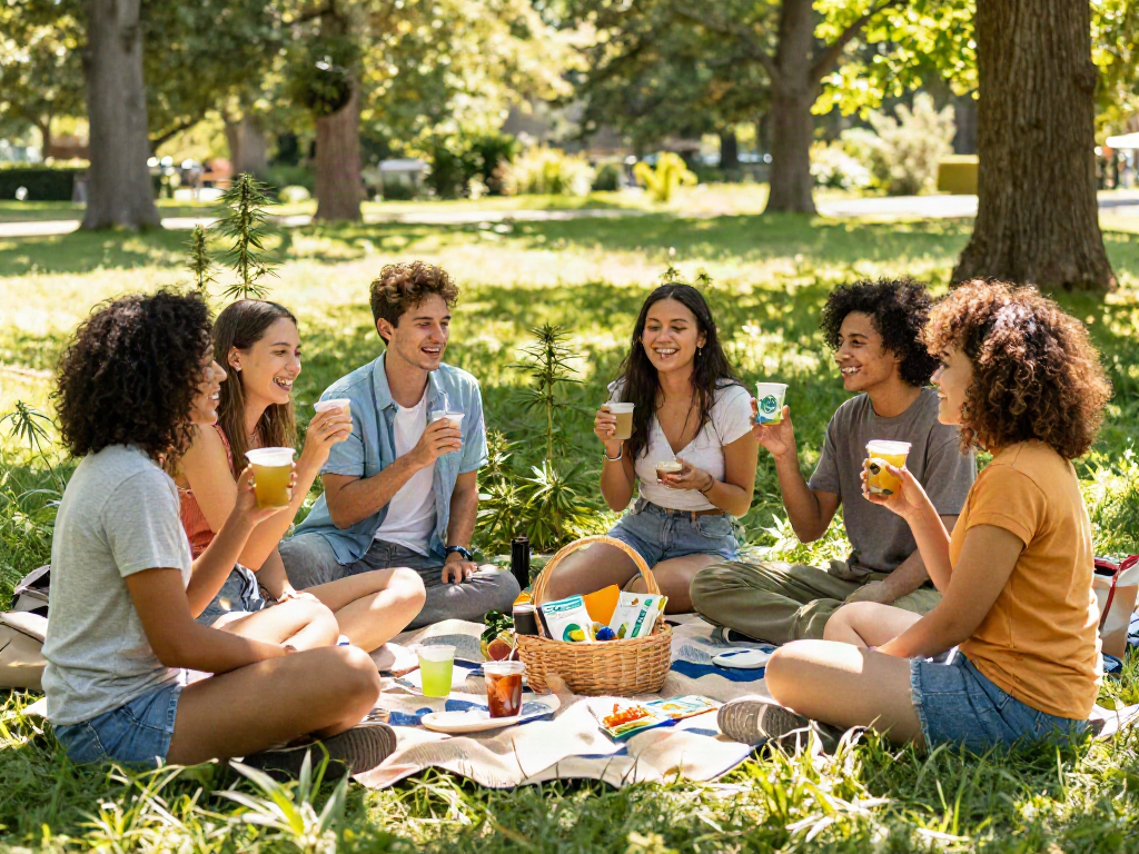 Buy weed online through a vibrant community picnic featuring CBD-infused drinks and snacks in a natural setting, emphasizing wellness.