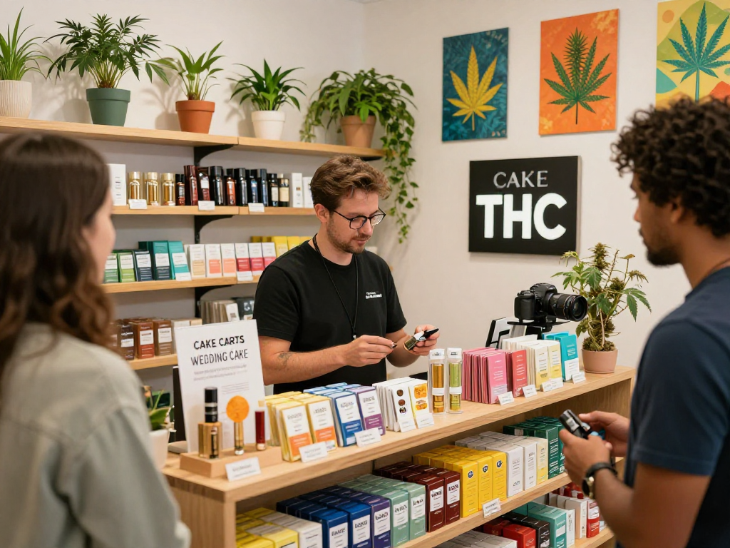 Customers exploring a selection of Cake carts at a cannabis dispensary, showcasing vibrant flavors and engaging atmosphere.