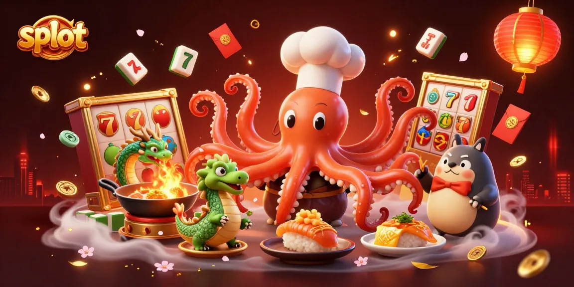 Play exciting slot games with a 3D cartoon sushi chef octopus and friends in this vibrant illustration.