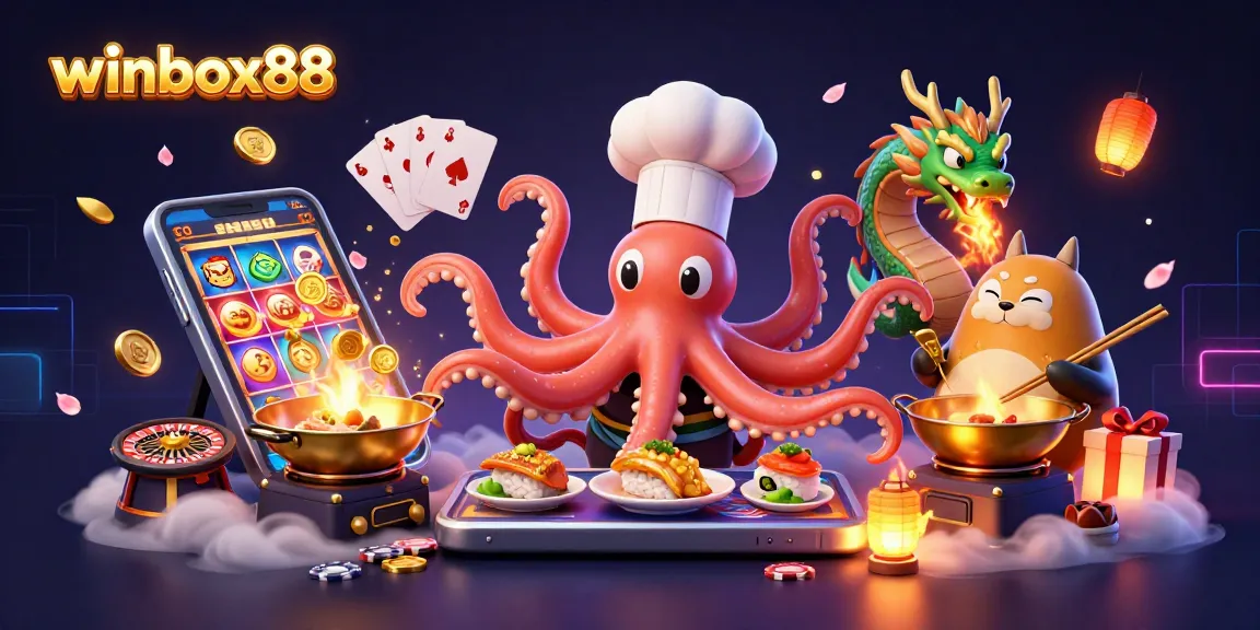 Experience winbox88 gaming with an octopus chef and dragon in a vibrant casino scene