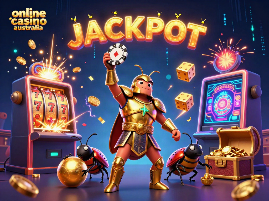 Exciting 3D scene showcasing the victory of a cartoon hercules beetle in an online casino australia setting, featuring vibrant elements.