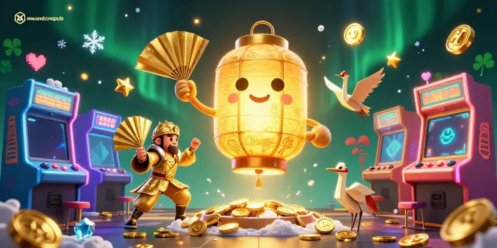 Permainan kasino yang memikat di Meandcrepela dengan lampion emas, mesin arcade, dan atmosfer meriah.