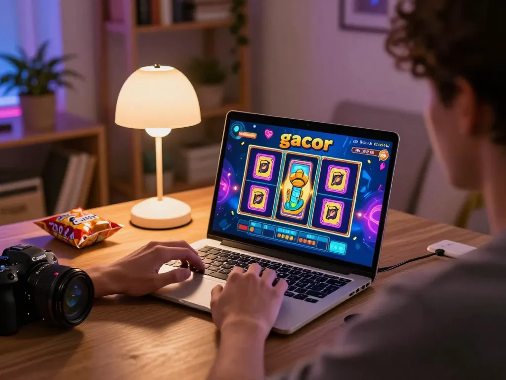 Engaging player delighting in slot gacor gaming experience online from a cozy home.