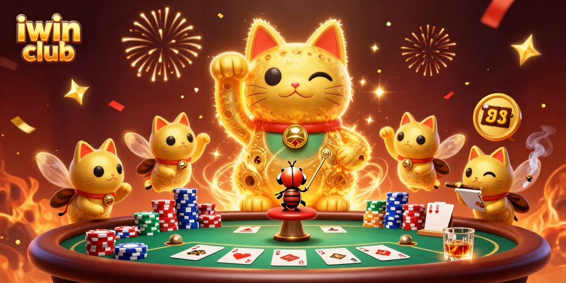 Join the excitement of iwin club with a vibrant, animated lucky cat and casino elements.