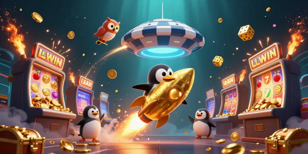 Experience the LLWIN excitement with a golden penguin racing through a vibrant casino-themed galaxy.