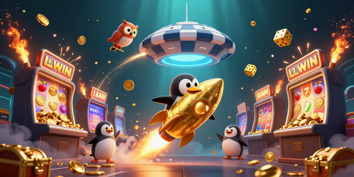 Experience the LLWIN excitement with a golden penguin racing through a vibrant casino-themed galaxy.