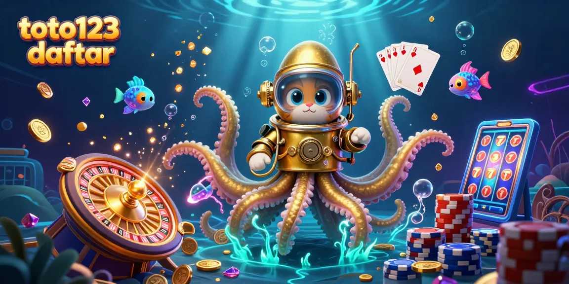Toto123 daftar enticing players with vibrant 3D illustration showcasing a kraken, a diving cat, and casino elements.
