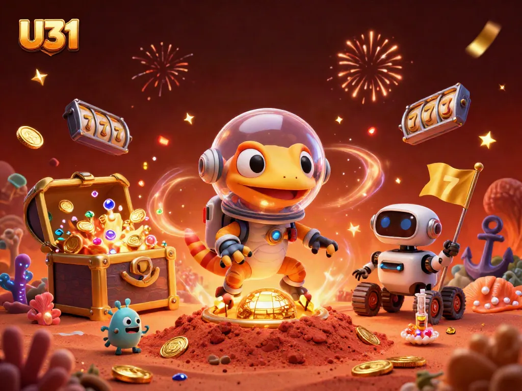 U31 players engage with vibrant slot machines and celebrate wins in a dynamic casino scene.