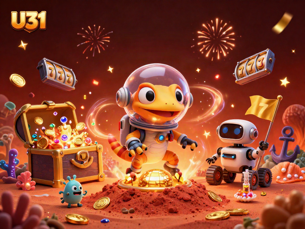 U31 players engage with vibrant slot machines and celebrate wins in a dynamic casino scene.