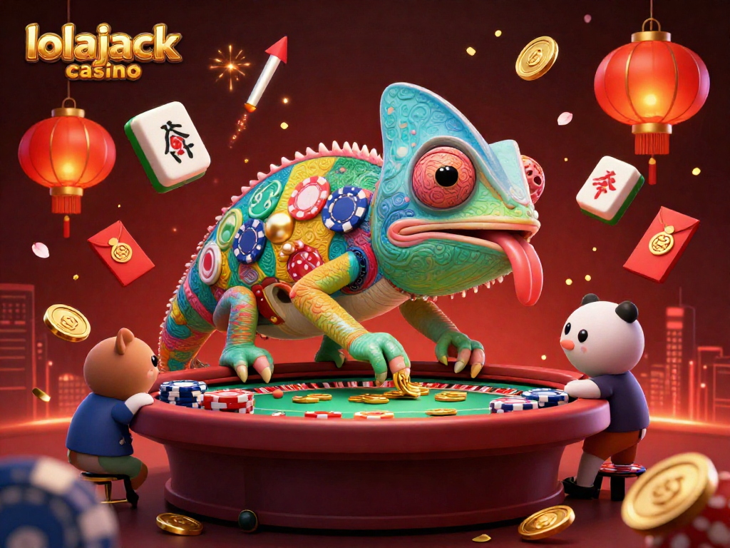 Experience the vibrant excitement of lolajack casino with a chameleon owner capturing golden coins.