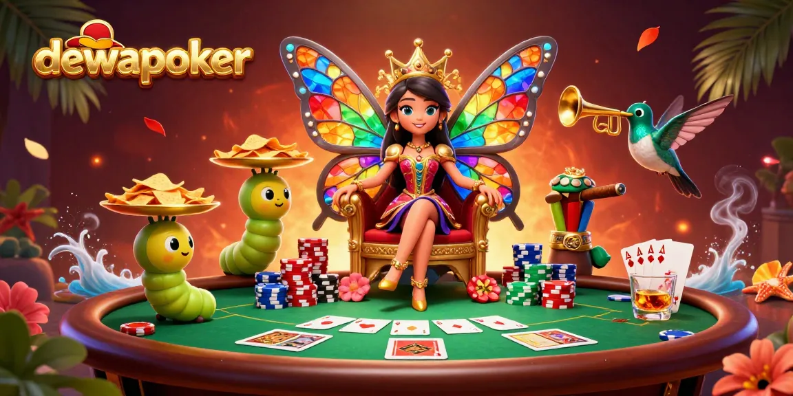 Join the game with dewapoker's colorful poker tournament featuring a whimsical butterfly queen and lively characters.