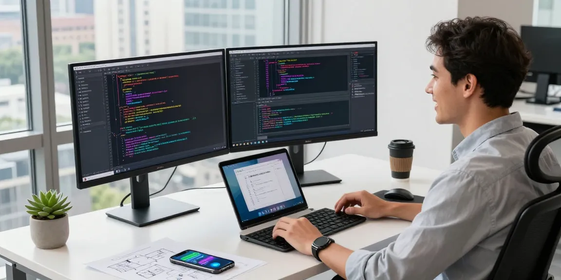 Dynamic software developer at work coding on dual monitors in a bright office, telegram官网 integration.