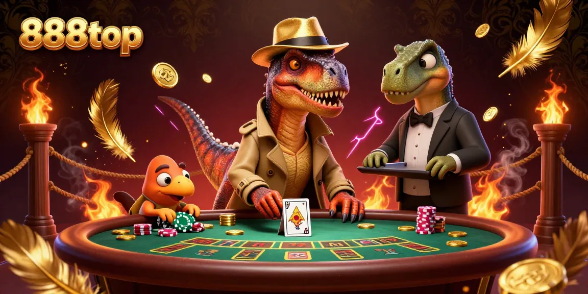 Experience the excitement at 888top with a velociraptor card counter and more in a vibrant casino scene!