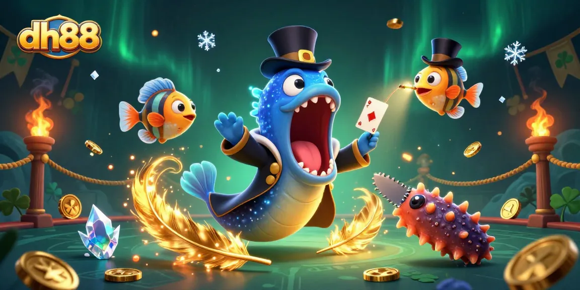 Experience thrilling gaming action at dh88 with unique characters in a dynamic casino illustration.