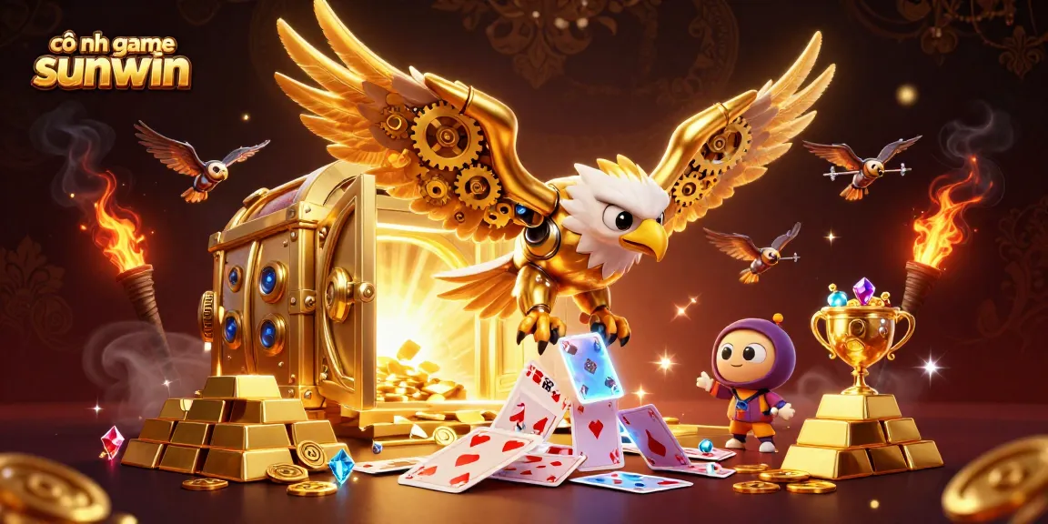 A 3D illustration featuring the cổng game sunwin's golden eagle amidst a burst of holographic cards and treasures, symbolizing luck.
