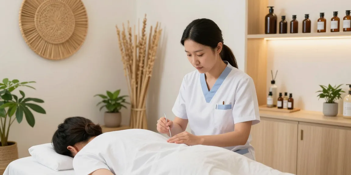 Healing acupuncture session at 수원한의원 in a tranquil clinic setting, showcasing wellness and beauty.