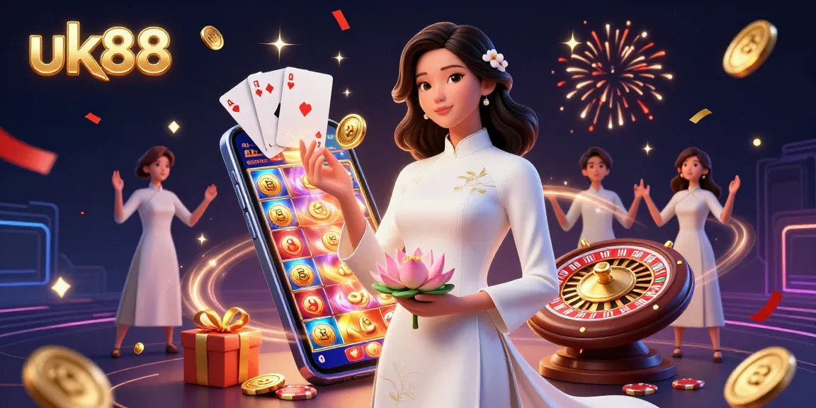 Engage with exciting games at uk88, featuring a stunning Asian woman amidst vibrant casino elements.