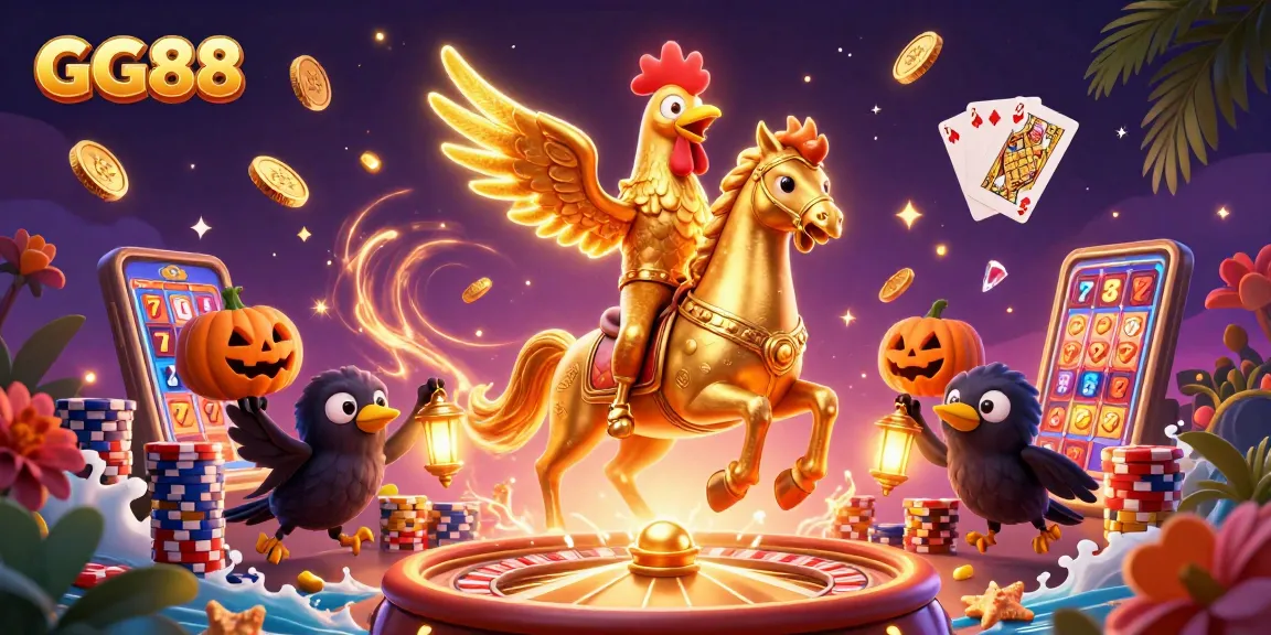 Join the adventure at GG88 as a golden rooster rides through a magical midnight casino!