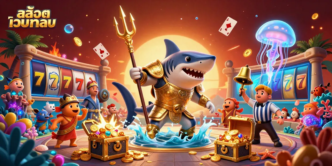 Engage with the thrilling action of สล็อตเว็บตรง featuring slot reels and vibrant underwater elements in a dynamic underwater arena.