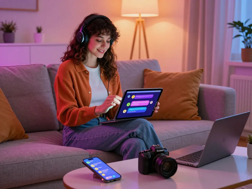 Engaging NSFW AI chat experience with cozy home environment, user interacting on tablet.