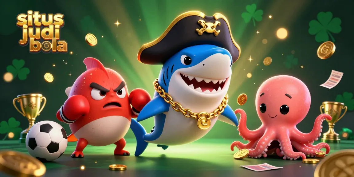 Engage with situs judi bola, showcasing vibrant sports betting elements amid cartoon marine characters.