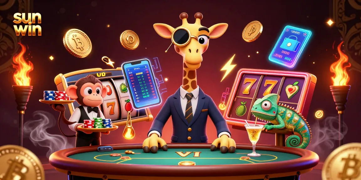 Experience the excitement of sun win with a giraffe dealer, vibrant casino elements, and dynamic game action.