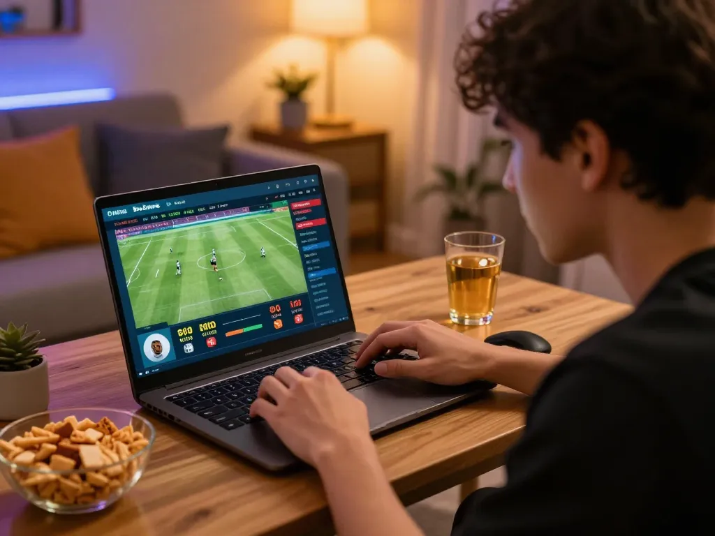 Bets being placed on Bola Online from a laptop in a relaxed home setting.